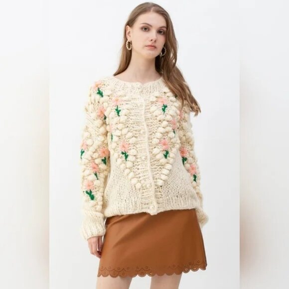 NWT Vita Grace Pink White Floral Appliqué Lilley Cardigan Sweater - Picture 1 of 7